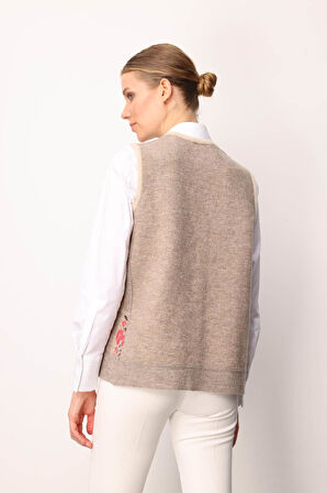 Kadın Pıtırcık Çiçekli Patchwork Keçe Yün Yelek Bej_Y.Ş.Pembe