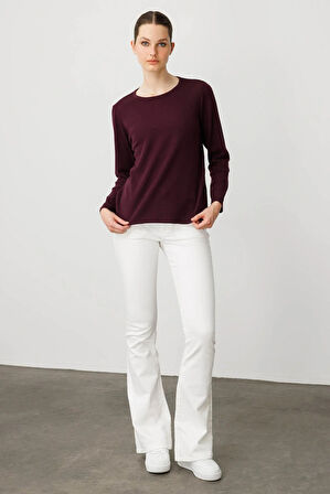 Kadın Sıfır Yaka Uzun Kollu Basic Yün Bluz K. Mürdüm