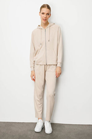 Kadın Kanguru Cepli Sweat Eşofman Üstü Bej