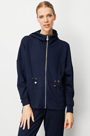 Kadın Kapüşonlu Beli Büzgülü Sweat Lacivert