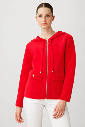 Kadın Kapüşonlu Fermuarlı Kısa Triko Sweatshirt Y.Kırmızı