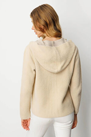Kadın Kapüşonlu Fermuarlı Kısa Triko Sweatshirt Bej