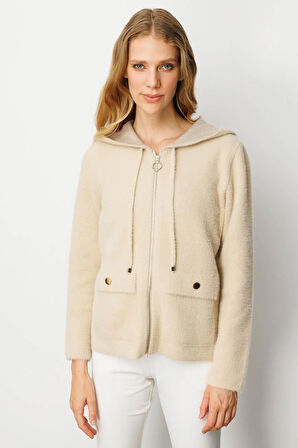 Kadın Kapüşonlu Fermuarlı Kısa Triko Sweatshirt Bej