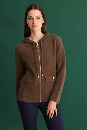 Kadın Kapüşonlu Fermuarlı Kısa Triko Sweatshirt Kahve