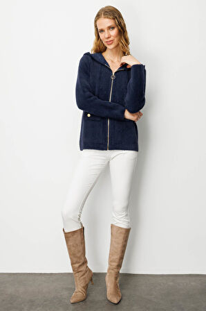 Kadın Kapüşonlu Fermuarlı Kısa Triko Sweatshirt Lacivert