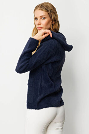 Kadın Kapüşonlu Fermuarlı Kısa Triko Sweatshirt Lacivert