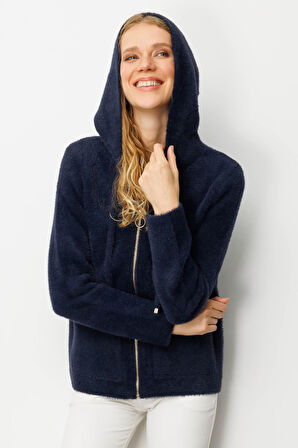 Kadın Kapüşonlu Fermuarlı Kısa Triko Sweatshirt Lacivert