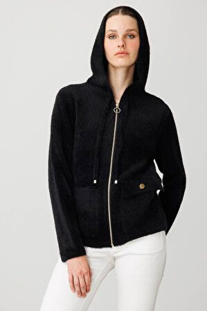 Kadın Kapüşonlu Fermuarlı Kısa Triko Sweatshirt Siyah