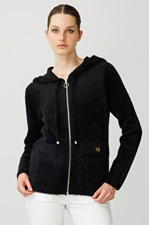 Kadın Kapüşonlu Fermuarlı Kısa Triko Sweatshirt Siyah