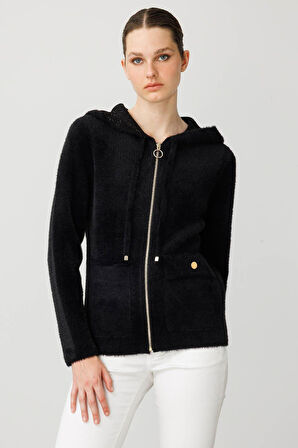 Kadın Kapüşonlu Fermuarlı Kısa Triko Sweatshirt Siyah