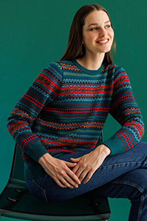 Kadın Sıfır Yaka Komple Jakarlı Yün Kazak K.Ö.başı