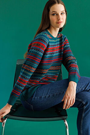 Kadın Sıfır Yaka Komple Jakarlı Yün Kazak K.Ö.başı