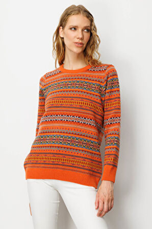 Kadın Sıfır Yaka Komple Jakarlı Yün Kazak Portakal