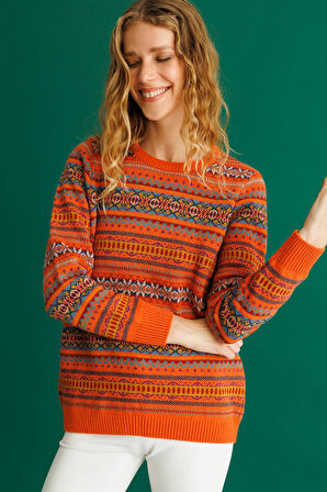 Kadın Sıfır Yaka Komple Jakarlı Yün Kazak Portakal