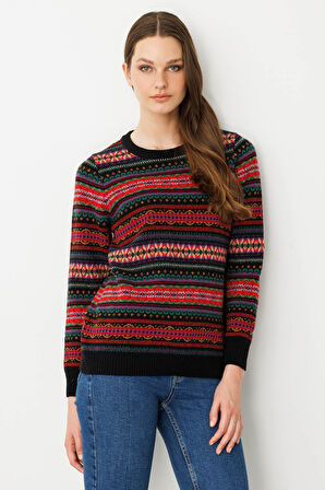 Kadın Sıfır Yaka Komple Jakarlı Yün Kazak Siyah