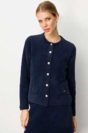 Kadın Sıfır Yaka Metal Düğmeli Afrodit Kısa Triko Ceket Lacivert