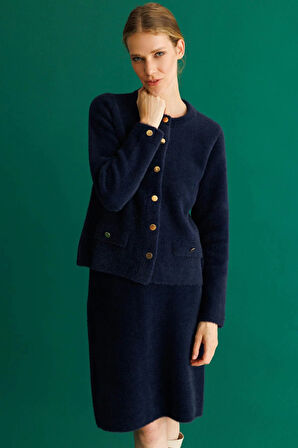 Kadın Sıfır Yaka Metal Düğmeli Afrodit Kısa Triko Ceket Lacivert