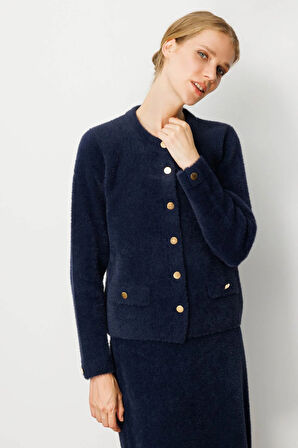 Kadın Sıfır Yaka Metal Düğmeli Afrodit Kısa Triko Ceket Lacivert