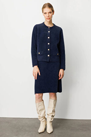 Kadın Sıfır Yaka Metal Düğmeli Afrodit Kısa Triko Ceket Lacivert