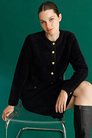 Kadın Sıfır Yaka Metal Düğmeli Afrodit Kısa Triko Ceket Siyah