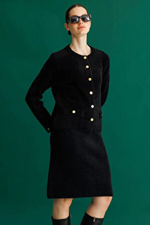 Kadın Sıfır Yaka Metal Düğmeli Afrodit Kısa Triko Ceket Siyah