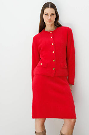 Kadın Sıfır Yaka Metal Düğmeli Afrodit Kısa Triko Ceket Y.Kırmızı