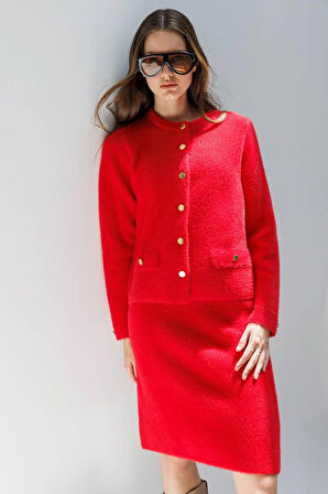 Kadın Sıfır Yaka Metal Düğmeli Afrodit Kısa Triko Ceket Y.Kırmızı