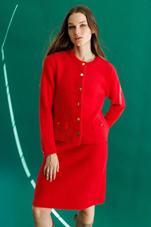 Kadın Sıfır Yaka Metal Düğmeli Afrodit Kısa Triko Ceket Y.Kırmızı