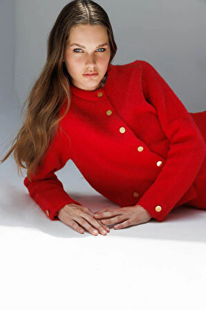 Kadın Sıfır Yaka Metal Düğmeli Afrodit Kısa Triko Ceket Y.Kırmızı