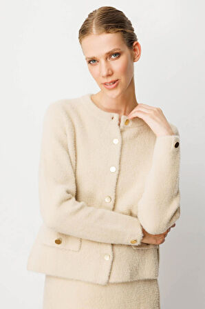 Kadın Sıfır Yaka Metal Düğmeli Afrodit Kısa Triko Ceket Bej
