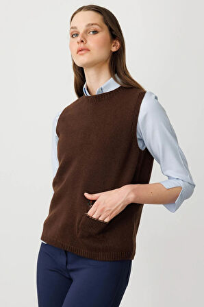 Kadın Sıfır Yaka Cep Üstü Çiçek Nakışlı Yün Süveter M.Kahve