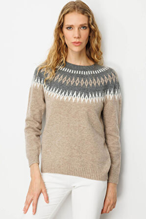 Kadın Sıfır Yaka Robası Baklavalı Yün Kazak K.Bej