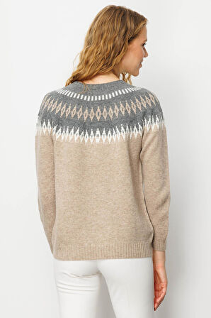 Kadın Sıfır Yaka Robası Baklavalı Yün Kazak K.Bej