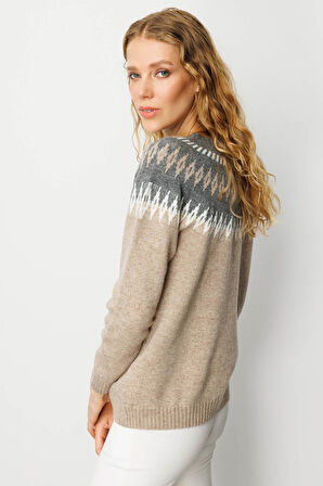 Kadın Sıfır Yaka Robası Baklavalı Yün Kazak K.Bej