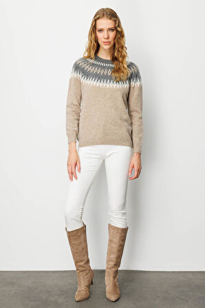 Kadın Sıfır Yaka Robası Baklavalı Yün Kazak K.Bej