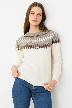 Kadın Sıfır Yaka Robası Baklavalı Yün Kazak Kemik