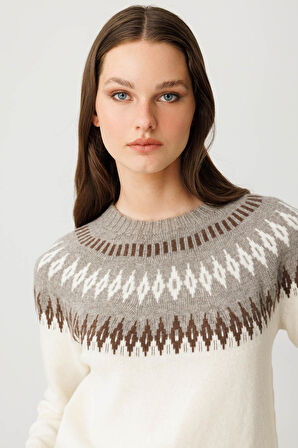 Kadın Sıfır Yaka Robası Baklavalı Yün Kazak Kemik