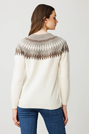 Kadın Sıfır Yaka Robası Baklavalı Yün Kazak Kemik