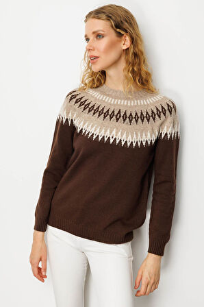 Kadın Sıfır Yaka Robası Baklavalı Yün Kazak M.Kahve