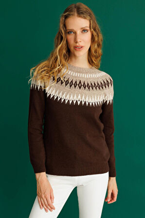 Kadın Sıfır Yaka Robası Baklavalı Yün Kazak M.Kahve