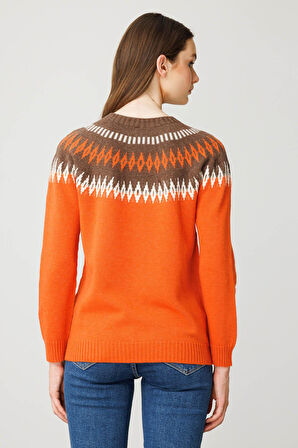 Kadın Sıfır Yaka Robası Baklavalı Yün Kazak Portakal