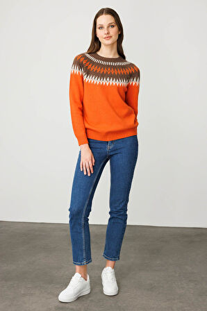 Kadın Sıfır Yaka Robası Baklavalı Yün Kazak Portakal