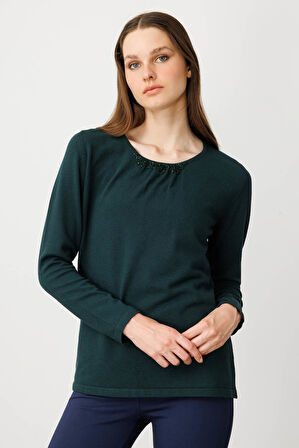 Kadın Sıfır Yaka Dantel Çiçek İşlemeli Ligralı Bluz Yeşil