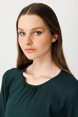 Kadın Sıfır Yaka Dantel Çiçek İşlemeli Ligralı Bluz Yeşil