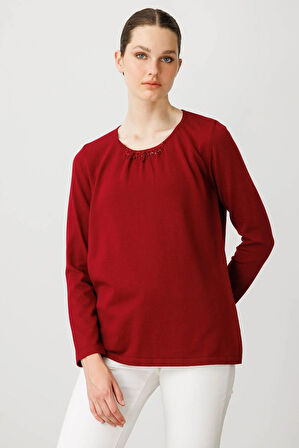 Kadın Sıfır Yaka Dantel Çiçek İşlemeli Ligralı Bluz V.Çürüğü