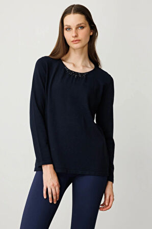 Kadın Sıfır Yaka Dantel Çiçek İşlemeli Ligralı Bluz K.Lacivert