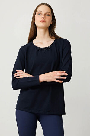 Kadın Sıfır Yaka Dantel Çiçek İşlemeli Ligralı Bluz K.Lacivert