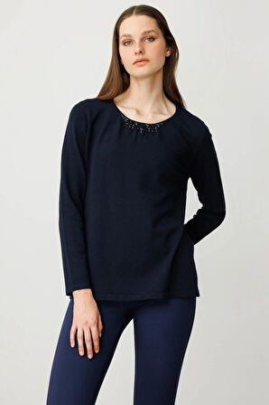 Kadın Sıfır Yaka Dantel Çiçek İşlemeli Ligralı Bluz K.Lacivert