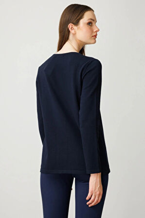 Kadın Sıfır Yaka Dantel Çiçek İşlemeli Ligralı Bluz K.Lacivert