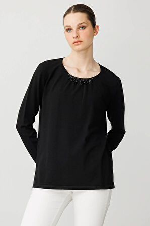 Kadın Sıfır Yaka Dantel Çiçek İşlemeli Ligralı Bluz Siyah